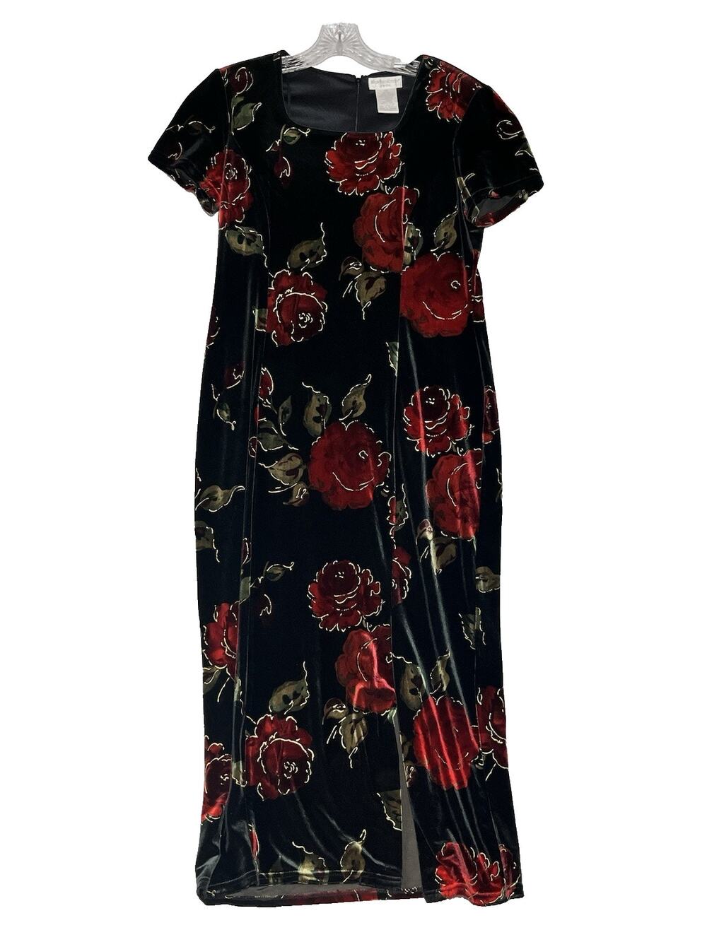 Worthington Velvet Burnout Midi Dress 12P Black Red Rose Floral Square Neck Slit